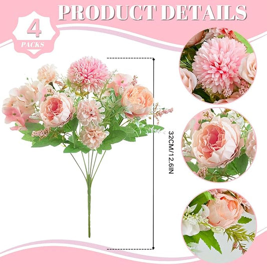 ASTRYAS 4PCS Pink Flowers Artificial Peonies Fake Peony Silk Hydangea for Decoration, Fuax Flowers Arrangements for Wedding Home Party Outdoor Decoration (Pink)
