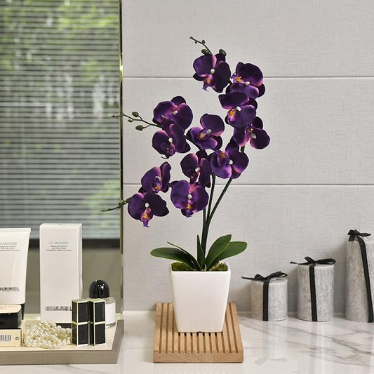 15" Tall Artificial Silk Phalaenopsis Orchid Flower Plant Pot Arrangements (Dark Purple)