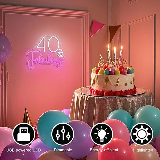 40&Fabulous LED Neon Light Sign forty Years Old Birthday Party Wall Decor Sign Gifts Bedroom Sign for Women Men Backdrop Happy 40th Birthday Party Favor
