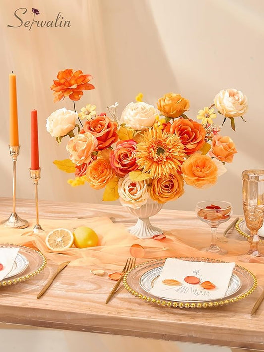 Serwalin Artificial Fall Flowers, Orange Silk Fake Flowers with Stems, Autumn Sunflower Faux Flowers for Wedding Bridal Baby Shower Party DIY Craft Home Cake Decoration
