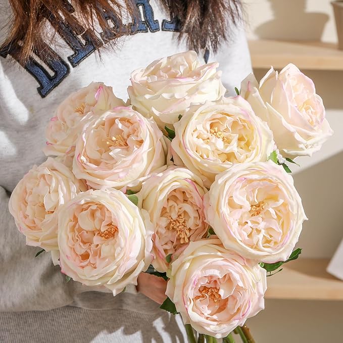 10pcs Real Touch Peonies Artificial Flowers, Faux Austin Rose with Long Stem Look Real Fake Flower for Christmas Valentines Arrangement Wedding Party Home Kitchen Decor(Flesh Pink)