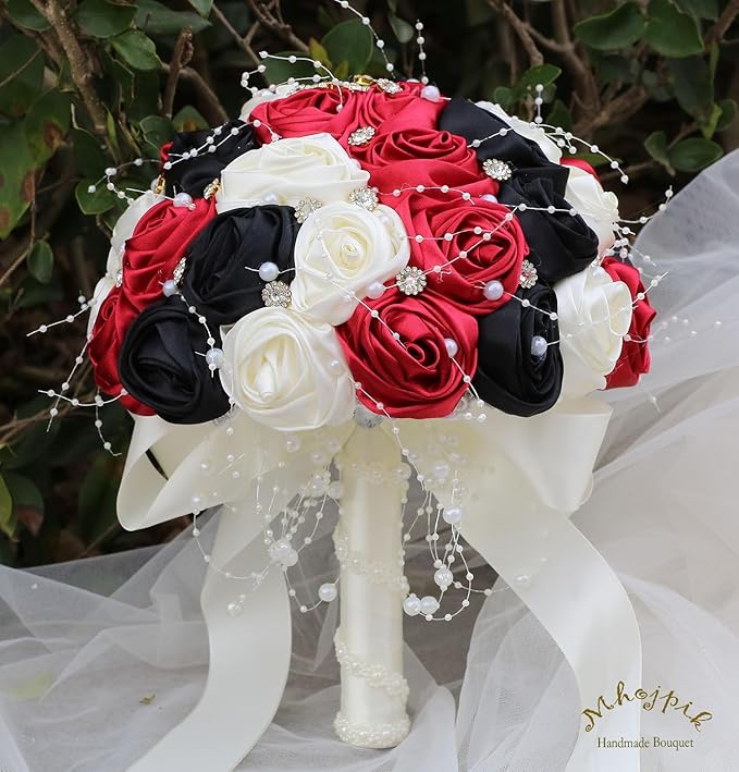 Bridal Wedding Bouquet Round Bling Brooch Bouquet Throw Toss Artificial Rose Flower Bunch for Bride Bridesmaid Wedding Quinceanera(Ruby Red, Black & Ivory, 7.5")