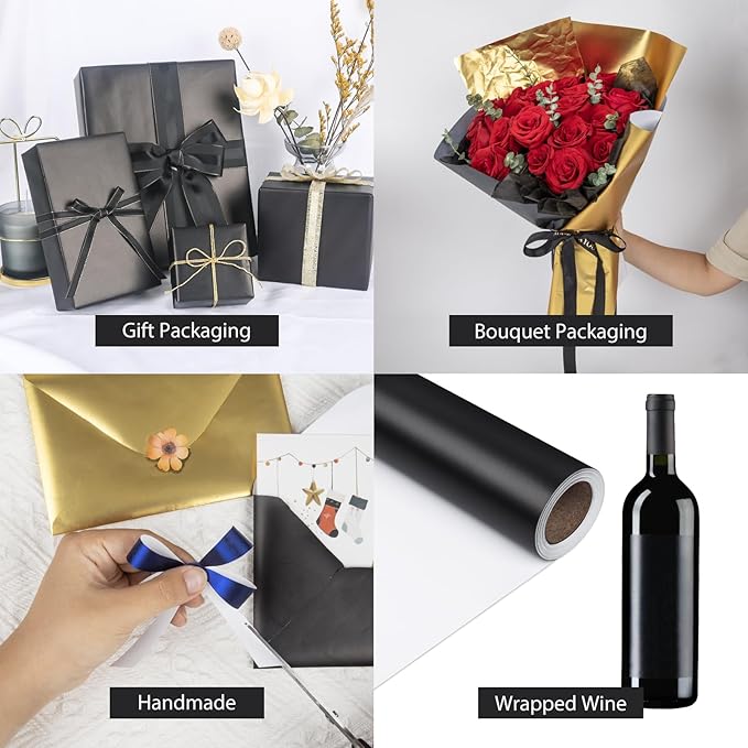 NESCCI Matte Metal Black Wrapping Paper, Solid Color Paper-2 Roll,17.5 Inches X 32.8 Feet Per Roll,Gift Wrapping Paper,Perfect for Wedding,Valentine's Day,Birthday,Baby Shower,DIY Bouquet