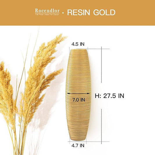 Tall Floor Vase, 27.5 inches (70cm, 2.3FT) Tall Vases Sturdy, Luxury, Textured for Decorative Branches Dried Flowers, Floor Vase for Rustic Living Room, Shelf Decor, Resin Gold