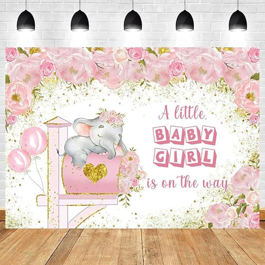 12x8ft Elephant Baby Shower Backdrop A Little Baby Girl is On The Way Photography Background Pink Floral Balloon Mailbox Baby Girls Party Banner Decorations Newborn Portrait Photo Booth Prop