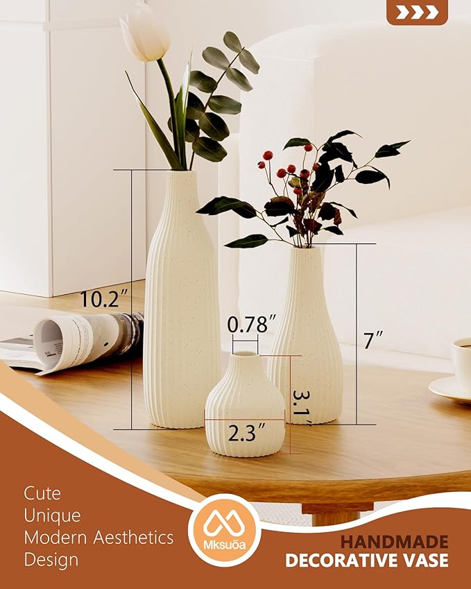 Decorative Flower Vase Set of 3 - Modern Boho Style Beige Vases,Ribbed Textures Ceramic Vase for Home Decor Shelf Bookshelf Mantle TV Stand Entryway Console,Dining Table Centerpiece Decor