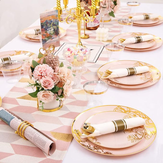 DaYammi 210Pcs Pink Gold Plastic Plates Floral Plates,Pink Disposable Dinnerware Set Includes 60 pink Plate,30 gold Plastic Silverware,30 Per Rolled Napkins,30 plastic Cups,Christmas plates for Party