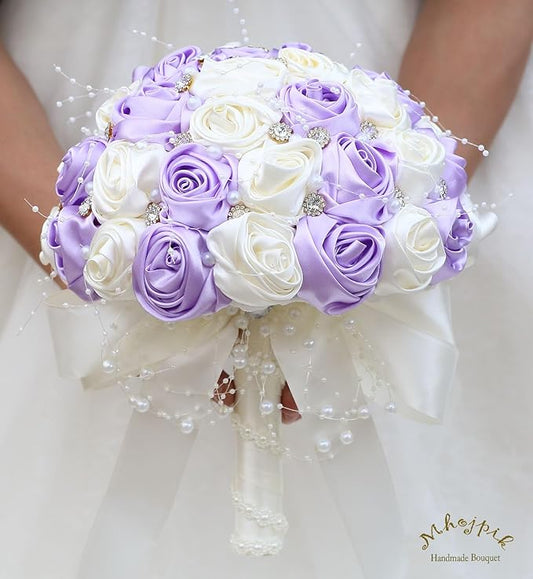 Bridal Wedding Bouquet Round Bling Brooch Bouquet Throw Toss Artificial Rose Flower Bunch for Bride Bridesmaid Wedding Quinceanera(Light Purple & Ivory, 9.8")