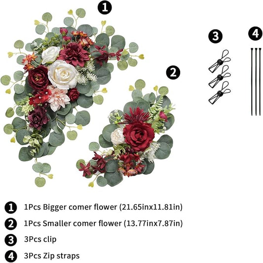 2pcs Wedding Arch Flowers,Wedding Artificial Sign Flower,Welcome Easel Door Decor Wall swags for Reception Backdrop Table Decorations Welcome Sign (Wine Red)