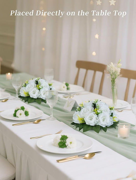 BLOSMON White Fake Flowers Centerpieces: 6 Pcs Artificial Roses Flower Ball for Wedding Dinning Table - Faux Silk Kissing Bouquet Floral Arrangement for Home Party Event Decor