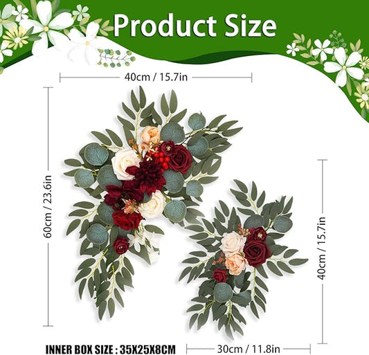 Burgundy Wedding Arch Flowers, Faux Flower Swag Set of 2, Red Floral Swag for Wedding Arch Welcome Signs, Reception Ceremony Signs Decor
