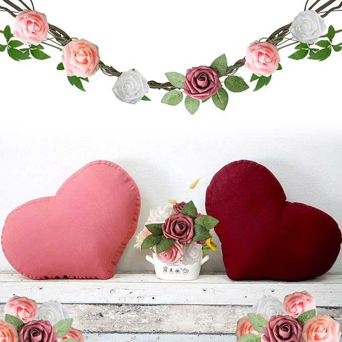 AmyHomie Artificial Flower Shades of Rose 25pcs Real Looking Fake Roses w/Stem for DIY Wedding Bouquets Centerpieces Arrangements Party Baby Shower Valentines Day Christmas Tree Decorations