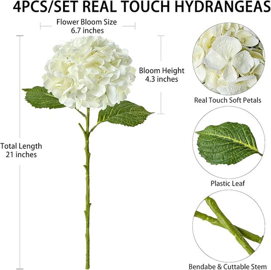 4 Pcs Real Touch Hydrangeas White Artificial Hydrangeas Flowers Real-Looking Faux Latex Hydrangea for Kitchen Living Room Porch Home Decor Baby Shower Party Wedding Table Centerpiece