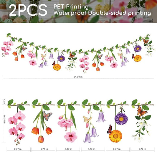 2PCS Flower Banner Reusable Wildflower Garland Floral for Spring Party Enchanted Garden Theme Picnic Wedding Baby Shower Birthday Tea Party Christmas Supplies Home Decorations