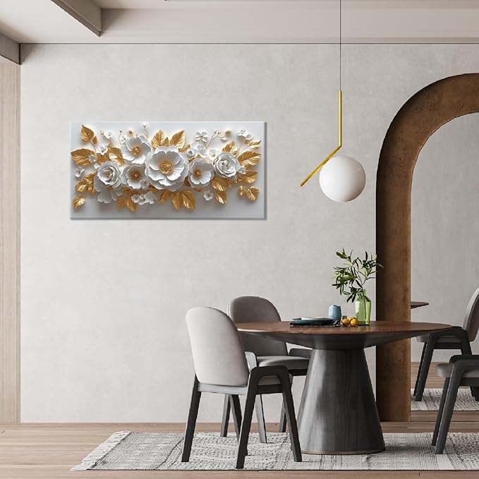 IDAFU Flower Wall Art White Foral and Golden Leaves Wall-décor White Wall Art Floral Painting Pictures for Living Room Bathroom Bedroom Kitchen Office Cuadros Decorativos Para Sala Decor 46L x 23W