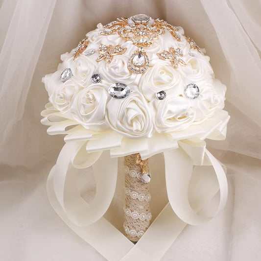 Handmade Brooch Wedding Flowers Bridal Bouquets Crystal Bride Holding Bouquet White Ivory Satin Roses with Diamond Pearl Ribbon (Luxury-Glod)
