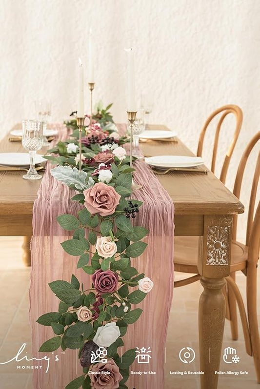 Ling's moment 5FT Artificial Flower Garland Dusty Rose & Mauve Fake Rose Eucalyptus Garland Arch Flowers Vine for Wedding Party Backdrop Home Table Centerpieces Decorations