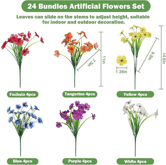Nepfaivy Fake Outdoor Flowers Uv-Resistant - 24 Bundles 6 Colors Realistic Artificial Flowers, Plastic Faux Flowers for Outdoor Planters, Silk Fake Flowers for Outside to Decor Patio Porch Garden Yard