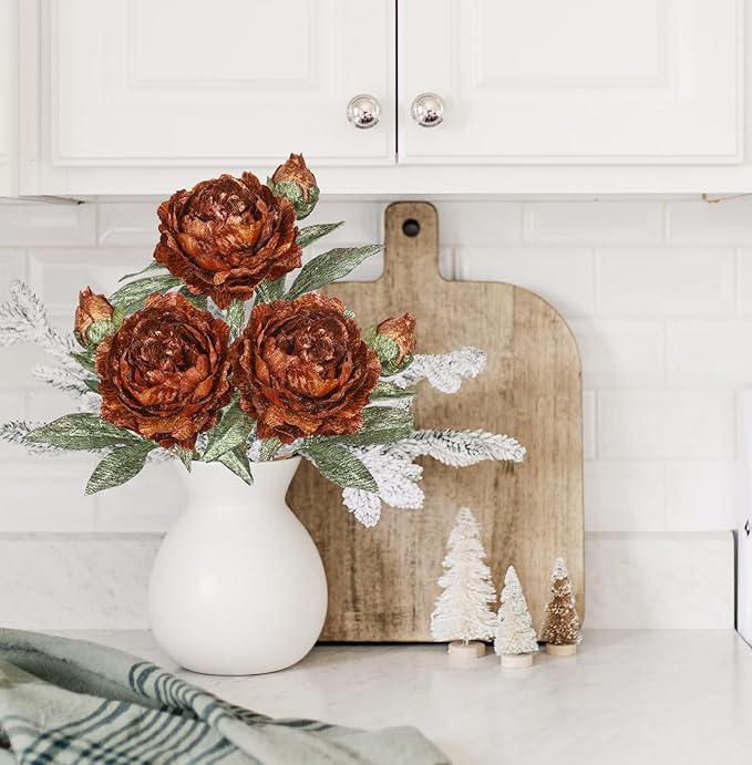 Briful 3PCS Artificial Christmas Peony Flower Stems, 15in Silk Peonies with Bud Fake Peony Floral Arrangement for Xmas Home Vase Party Wedding Bouquet Decor, Bronze