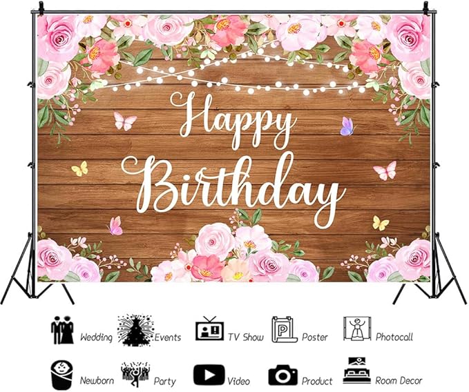 Happy Birthday Banner Rustic Wooden Butterfly Happy Birthday Backdrop for Women Girls Pink Floral Glitter Lights Decorations for Women's Party Adult Celebration Photography Background 5.9x3.6Ft