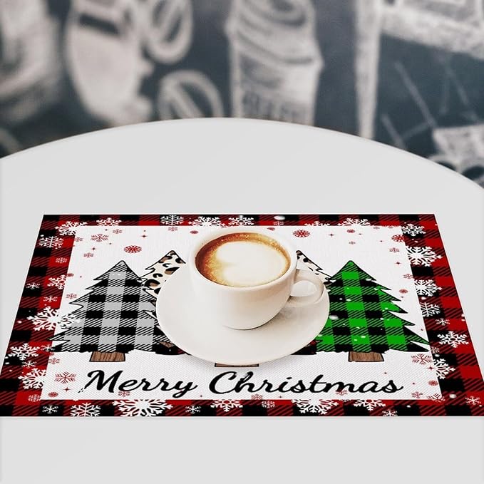 Christmas Tree Placemats Red Country Farmhouse Buffalo Plaid Winter Snowflake Christmas Tree Placemats Table Kitchen Dining Party 12x18 Inch Set of 4