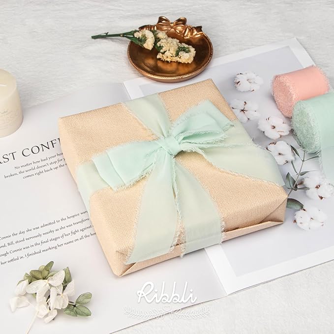 Ribbli Mint Green Chiffon Ribbon 1-1/2 inch x 20 Yard Handmade Fringe Chiffon Silk Ribbon, Mint for Wedding Invitations, Bridal Bouquets Wrapping, Flower Arrangement Decoration