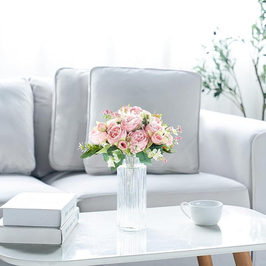 Mkono Peonies Artificial Flowers, Small Silk Flowers for Home Decor Indoor Fake Bouquet Faux Floral Arrangements Dining Table Centerpieces for Kitchen Bridal Wedding Party Decor Pink
