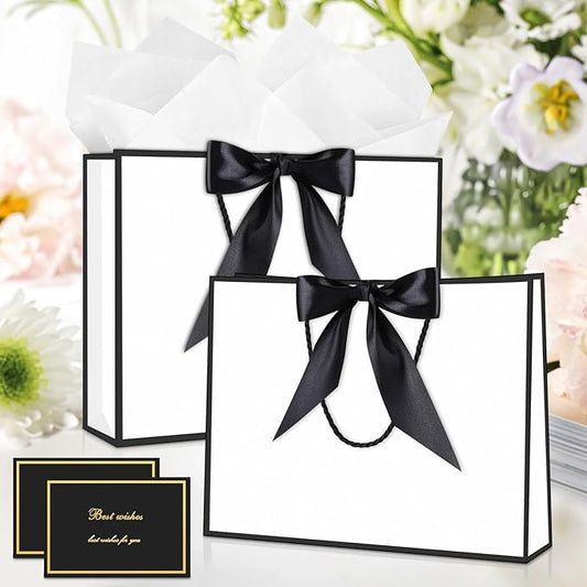 JMANNI Gift Bag, Medium Gift Bags with Tissue Paper, 2Pcs Gift Bags Medium Size with Handle and Bow Ribbon for Any Birthday, Weddings, Mothers Day & Special Occasion 11''x7.87''x4'' (Black-White)