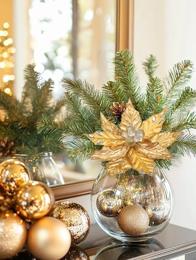 Hollyone 3PCS Poinsettia Christmas Flowers Artificial 11" Large Gold Glitter Poinsettia Flowers Christmas Tree Ornaments Floral Picks for Tree Wreath Garland Vase Table Centerpiece Home Decor