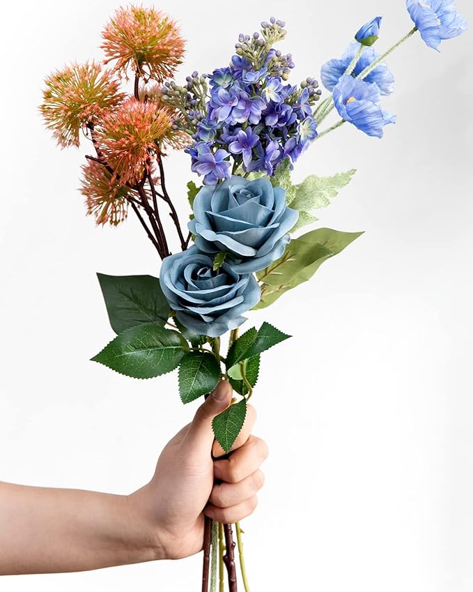 DuHouse 10pcs Fake Roses Artificial Silk Flowers Faux Dusty Blue Rose Flower Long Stems Bouquet for Arrangement Wedding Centerpiece Party Home Kitchen Decor (Dusty Blue)
