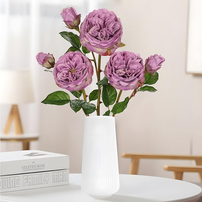Real Touch Artificial Roses (Set of 3) – 23.6" Long Stem Purple Garden Roses – Lifelike Faux Silk Flowers for Wedding Bouquets, Home Décor, Centerpieces & Floral Arrangements