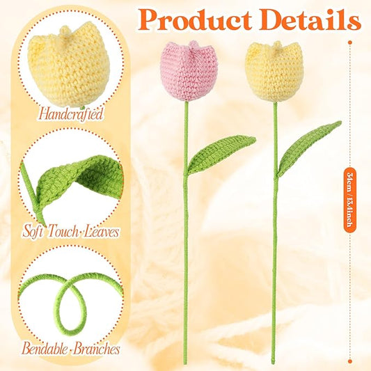 YoungJoy Crochet Rose 12 Pcs Handmade Knitted Flowers Tulip Sunflower Daisy Heart Artificial Knitted Floral Mother Day Graduation Home Decor(Cute Tulip A)