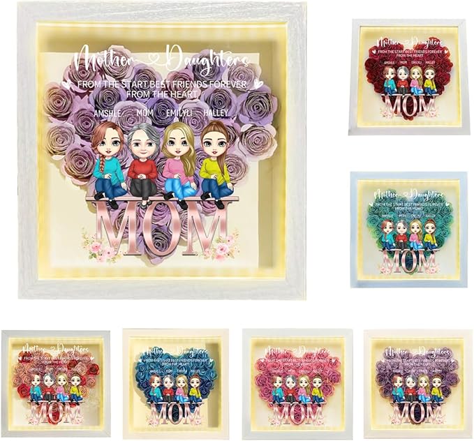 Personalized Mom Flower Shadow Box with LED Light Custom Heart Shaped Rose Flower Shadow Box Frame From The Start Best Friends Forever From The Heart Mother's Day Portrait Shadowbox Memory Gifts