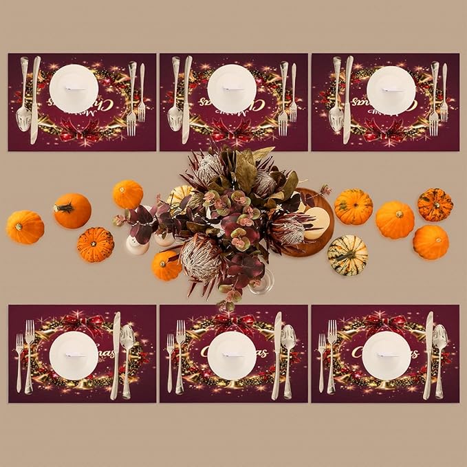Xmas Christmas Bells Red Placemats Set of 1 PVC Vinyl Non Slip Table Mats Heat Resistant Place Mats Washable Wipeable Dining Table Mat for Kitchen Decor Party Indoor Outdoor Decorative Gift