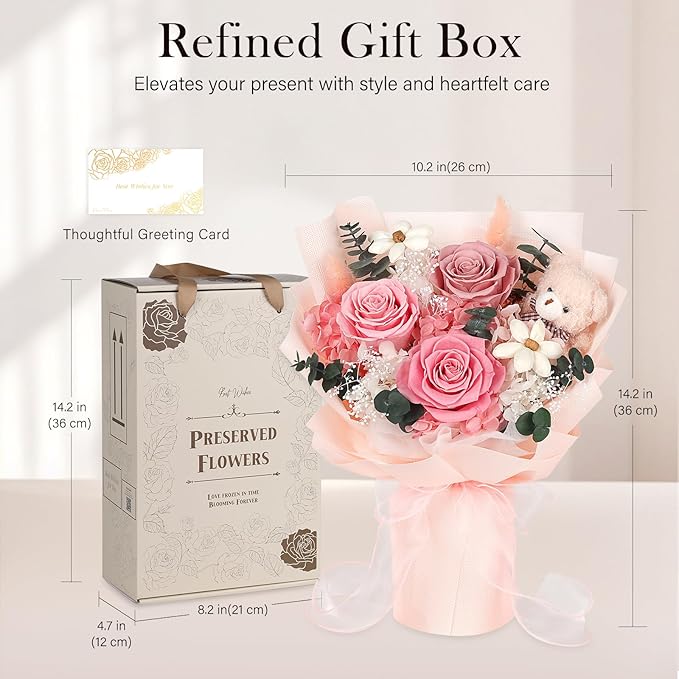 Preserved Flowers Bouquet with Bear, 3 Real Forever Flowers for Delivery, Long-Lasting Pink Eteranl Roses Bouquet Birthday Gifts for Women, Mother, Wife, Her