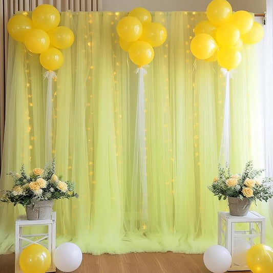 20ft x 10ft Yellow Backdrop Curtain with Lights String for Parties, Sheer Tulle Wedding Photo Backdrops Drapes for Baby Shower Birthday Party Decorations Background for Photography