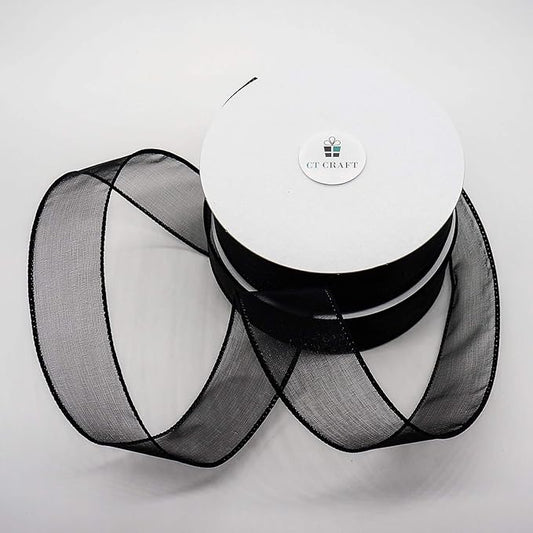 CT CRAFT LLC Sheer Organza Wired Ribbon 1.5" x 25 Yards x 2 Rolls Black for Wedding Chair Bow Flora Bouquet Gift Wrapping Christmas Tree Home Decor Wreath