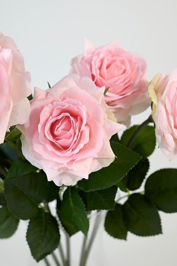 Real Touch Artificial Roses 6pcs, Floyd Roses,17.3”Faux Silk Roses Bouquet for Home Decor, Wedding Centerpieces, Romantic Gifts & Party Arrangements, Fuchsia Realistic Flowers (Light Pink)
