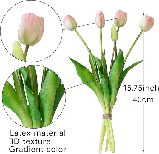 15pcs Artificial Tulips Flowers, Real Touch Latex Bouquet, Fake Tulips for Office Wedding Party Home Kitchen Garden Decoration-B Powder Pink