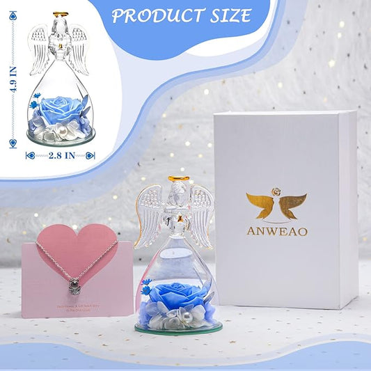 Gifts for Women Birthday Christmas Preserved Rose Forever Flowers in Glass Angel Figurines Fresh Flowers for Delivery for Mom Real Roses for Grandma Wife Her from Daughter (Light Blue Rose+necklace)
