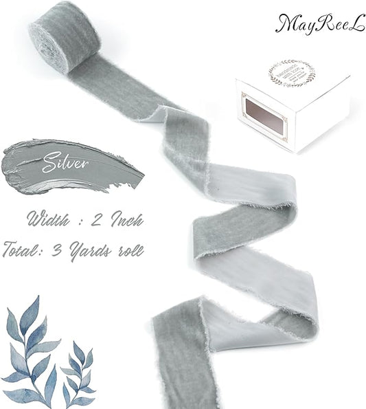 MAYREEL 2 Inch Silver Velvet Ribbon Hand Torn Light Gray Silk Frayed Edge for Bridal Bouquets Invitations Wedding Vow Books Gift Baskets Hair Bows 3 Yards