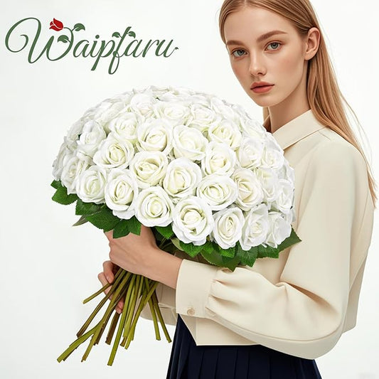 Waipfaru 100 Pcs White Roses Artificial Flowers Bulk, Real Touch Velvet Roses with Wrapping Paper, Fake Flowers for Wedding Centerpieces Bridal Bouquet Valentines Mothers Day Decor