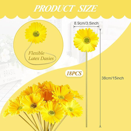 WILLBOND 18 Pieces Artificial Gerbera Daisies Flowers Fake Daisy Faux Boho Daisy Flowers Bouquet 15 in for Boho Birthday Decorations Wedding Home Decor (Yellow)