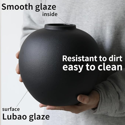 Large Black Ceramic Flower Vase,Decorative Jar Flower Vase, Decorative Jar Modern Centerpiece Table Decorations,Rustic Ceramic vases for Home Decor Dining Room(Black, 0614)