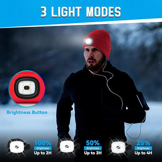 Christmas Stocking Stuffers for Men Adults, Beanie Hats with Light, USB Rechargeable LED Hand Free Headlamp, Birthday Gifts for Men, Women, and Teens, Ideal for Camping, Hiking, 2 Pack, Red