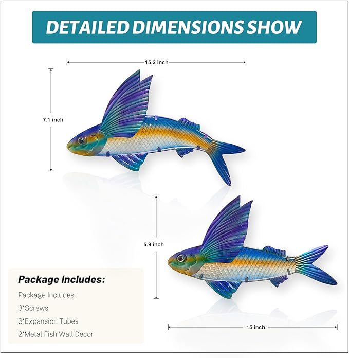 LIFFY Metal Fish Wall Decor -Outdoor Metal Fish Wall Decor - Indoor Art Sculpture - Hanging Decorations for Home, Garden, Bedroom, Sculptures, Ocean, Pool(2 Pcs,15 inch)