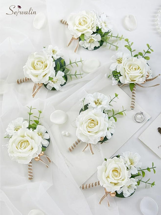Serwalin 6PCS Ivory Rose Boutonniere for Men Wedding Groom Groomsmen Best Man Artificial Flowers Boutonniere for Wedding Ceremony Anniversary Prom Flowers Formal Dinner Party