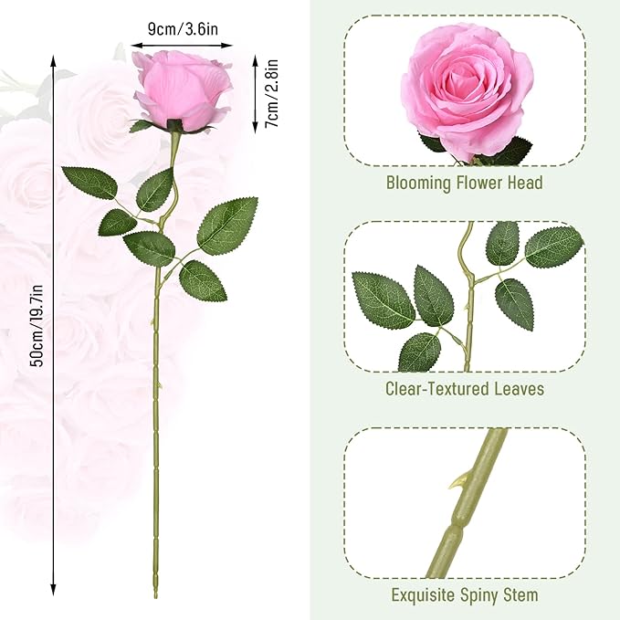 Waipfaru 12 Pcs Artificial Flowers Fake Silk Pink Roses Bulk, Faux Real Touch Roses Bouquet with Long Stem for Wedding Party Home Decor (Pink)