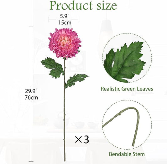Hollyone 3Pcs Fake Mums Flowers Pink Artificial Chrysanthemum Flowers Silk 30" Long Stem Floral Arrangements Bouquets Faux Spider Mum Flower Pincushion Flower Bush Spring Home Decor