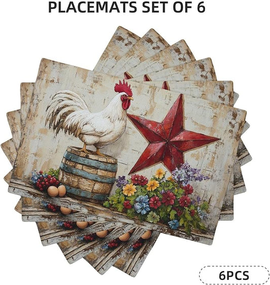 Farmhouse Chicken Placemats Set of 6 Washable Table Retro Rooster Heat-Resistant Cotton Linen Place Mats for Dining Table Kitchen Indoor Outdoor Party Holiday Decor
